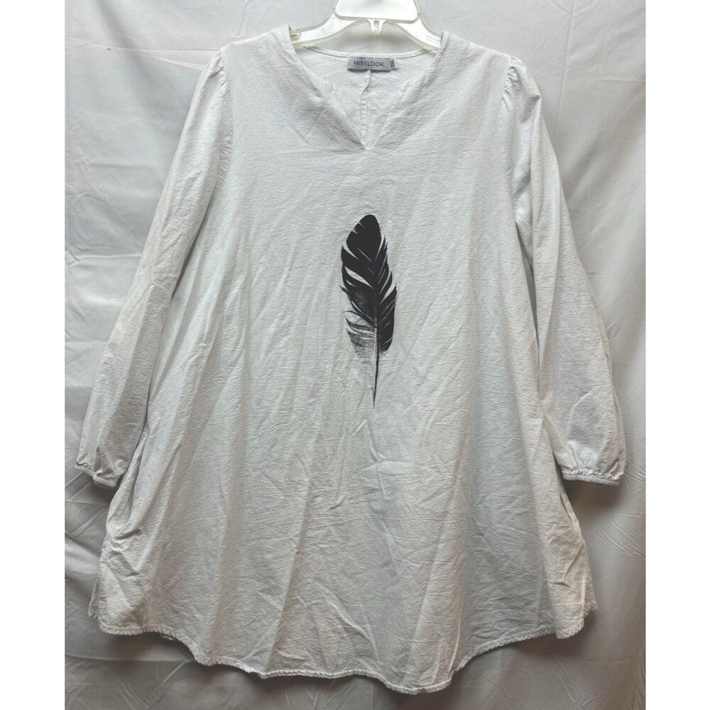 Misslook Women 2XL White Black Feather Tunic Top V Neck 3/4 Sleeve Boho